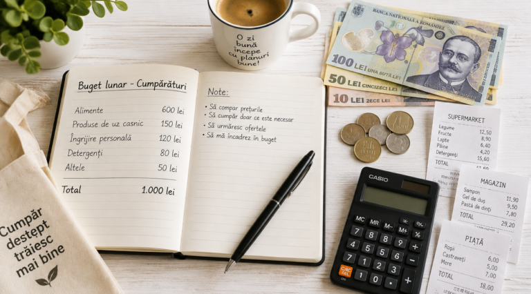 A flat lay photograph on a clean white wooden desk showing a simple monthly shopping budget setup: an open notebook with handwritten budget categories in Romanian, a black pen resting on the page, several Romanian lei banknotes and coins neatly arranged, a few shopping receipts, a calculator, and a coffee cup. Soft natural lighting from a window, minimalist composition, warm tones, high resolution, photorealistic style, top-down view, conveying simplicity, financial control and organization without technology.