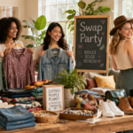 A bright, warm, and inviting indoor scene of a clothing swap party with a group of diverse young friends in a cozy living room. A wooden table and clothing racks are filled with neatly arranged colorful garments, shoes, and accessories. Friends are smiling, browsing through clothes, holding hangers, and trying on items. Soft natural light streams through large windows, with green plants in the background. A chalkboard sign reads 'Swap Party' in playful lettering. The atmosphere is joyful, friendly, and eco-conscious. Photorealistic style, lifestyle photography, warm tones, shallow depth of field, high resolution, editorial quality.