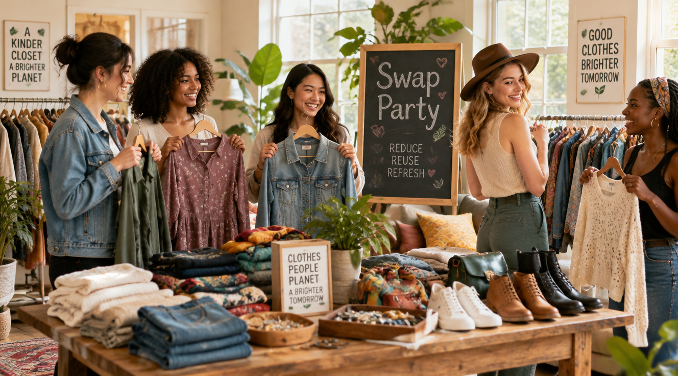 A bright, warm, and inviting indoor scene of a clothing swap party with a group of diverse young friends in a cozy living room. A wooden table and clothing racks are filled with neatly arranged colorful garments, shoes, and accessories. Friends are smiling, browsing through clothes, holding hangers, and trying on items. Soft natural light streams through large windows, with green plants in the background. A chalkboard sign reads 'Swap Party' in playful lettering. The atmosphere is joyful, friendly, and eco-conscious. Photorealistic style, lifestyle photography, warm tones, shallow depth of field, high resolution, editorial quality.