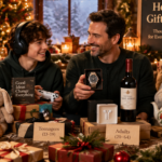 A festive holiday gift guide illustration featuring four distinct age groups with appropriate presents arranged in a warm, inviting scene: a toddler with colorful wooden toys and plush animals, a teenager with wireless headphones, a book, and a gaming accessory, an adult with a premium watch, a bottle of wine, and a tech gadget, and a senior with a cozy knitted blanket, a teapot, and a photo album. The background features soft golden Christmas lights, pine branches with red ornaments, gentle falling snowflakes, and elegantly wrapped gift boxes. Warm color palette dominated by deep reds, golds, forest greens, and cream tones. Professional photography style with soft bokeh effect, cinematic lighting, cozy and heartwarming holiday atmosphere, high resolution, ultra detailed.