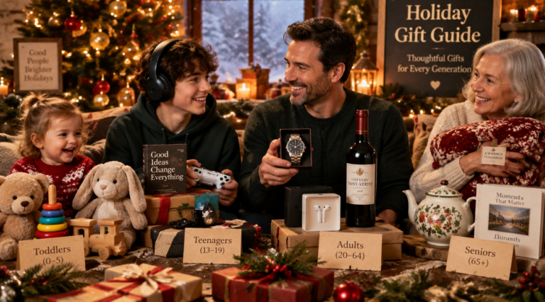 A festive holiday gift guide illustration featuring four distinct age groups with appropriate presents arranged in a warm, inviting scene: a toddler with colorful wooden toys and plush animals, a teenager with wireless headphones, a book, and a gaming accessory, an adult with a premium watch, a bottle of wine, and a tech gadget, and a senior with a cozy knitted blanket, a teapot, and a photo album. The background features soft golden Christmas lights, pine branches with red ornaments, gentle falling snowflakes, and elegantly wrapped gift boxes. Warm color palette dominated by deep reds, golds, forest greens, and cream tones. Professional photography style with soft bokeh effect, cinematic lighting, cozy and heartwarming holiday atmosphere, high resolution, ultra detailed.