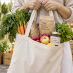 A bright, modern lifestyle photograph showing a person's hands holding a reusable cotton tote bag filled with fresh local vegetables, seasonal fruits and eco-friendly packaged products at an outdoor farmer's market. Soft natural daylight, warm earthy tones with hints of green and beige, shallow depth of field with blurred wooden market stalls in the background. Sustainable shopping concept, minimalist composition, high resolution, photorealistic editorial style, vertical orientation suitable for blog hero image.