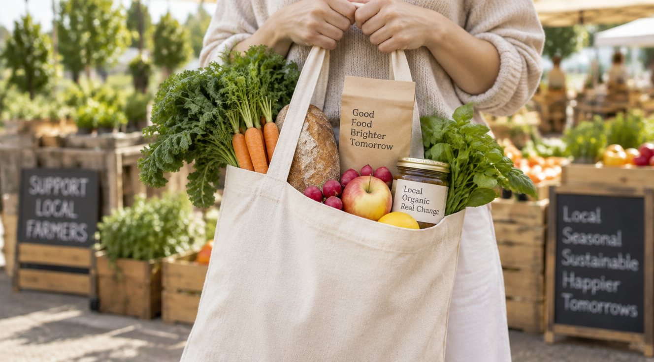 A bright, modern lifestyle photograph showing a person's hands holding a reusable cotton tote bag filled with fresh local vegetables, seasonal fruits and eco-friendly packaged products at an outdoor farmer's market. Soft natural daylight, warm earthy tones with hints of green and beige, shallow depth of field with blurred wooden market stalls in the background. Sustainable shopping concept, minimalist composition, high resolution, photorealistic editorial style, vertical orientation suitable for blog hero image.
