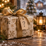 A beautifully wrapped Christmas gift box with an elegant golden ribbon and a small handwritten question mark tag, placed on a rustic wooden table surrounded by soft warm bokeh fairy lights, gentle snowflakes falling in the blurred background, cozy festive holiday atmosphere, soft natural warm lighting, shallow depth of field, photorealistic photography, high quality, 4K resolution, cinematic composition