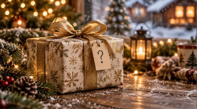 A beautifully wrapped Christmas gift box with an elegant golden ribbon and a small handwritten question mark tag, placed on a rustic wooden table surrounded by soft warm bokeh fairy lights, gentle snowflakes falling in the blurred background, cozy festive holiday atmosphere, soft natural warm lighting, shallow depth of field, photorealistic photography, high quality, 4K resolution, cinematic composition
