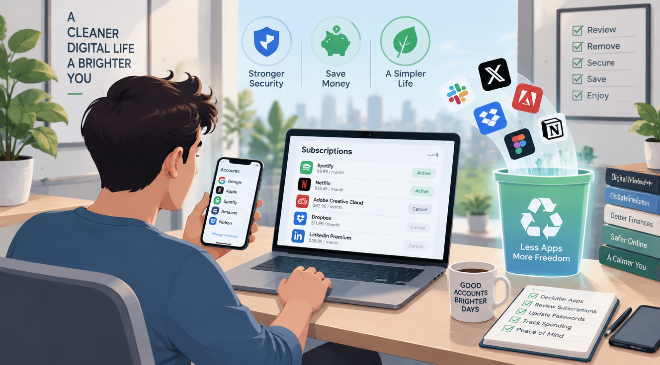 A clean, modern flat illustration showing a person organizing their digital life: a laptop and smartphone on a tidy desk, surrounded by floating app icons, subscription cards, and account symbols, with some being deleted into a glowing recycling bin. Soft pastel colors with blue and green accents, minimalist style, organized workspace background, conveying digital decluttering, cybersecurity, and financial control. High quality, 16:9 aspect ratio, professional editorial illustration style, vector-like clean lines.